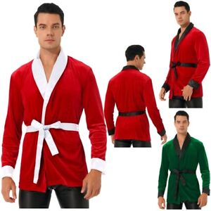 Men's Adult Christmas Costume Velvet Kimono Bathrobe Santa Night Robe with Belt