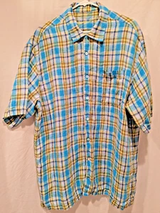 Bugatchi Uomo Short Sleeve Mens Sz: XL Bright/Vibrant Blue Plaid 100% Linen - Picture 1 of 17
