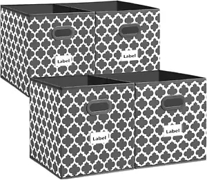 Grey 13x13 Cube Storage Bins, Foldable with Labels & Handles, Set of 4 - Picture 1 of 7