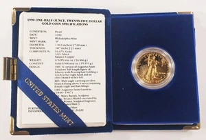 1990-P $25 1/2 Oz. Gold American Eagle Proof Coin w/ Original Box, Case, and CoA - Picture 1 of 5