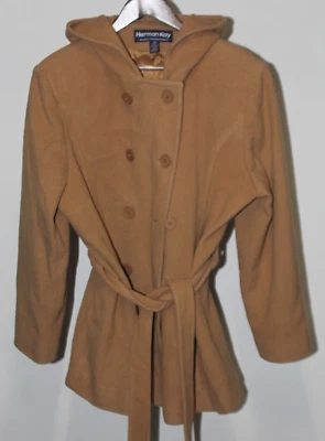 Abrigo vintage Herman Kay para mujer talla L grande tostado 100 % lana chaqueta con botones con capucha Foto 1 de 4