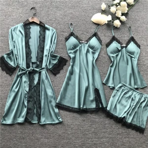 4-Piece Lingerie Women Silk Robe Babydoll Sleepwear Nightdress Pajamas Set - Picture 1 of 14