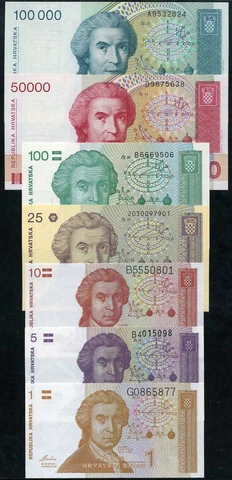Croatia Set 7 UNC 1 5 10 25 100 50,000 100,000 D. 1991-93 P 16 17 18 19 20 26 27 Cover