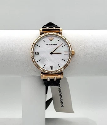 Emporio Armani AR11295 Women's Gianni T-Bar Mother of Pearl Dial Black Leather - Image 1 of 4
