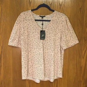 Adrianna Papell Damen kurz Puffärmel Top Bluse V-Ausschnitt rosa schwarz XL neu mit Etikett - Bild 1 von 8