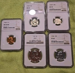 1958 All Graded 5 Coins H.D PF67,QUARTER PF68,DIMEM,S66,NICKELMS66,PENNY MS66 RD - Picture 1 of 14