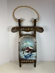 Vtg Hand Painted Wooden Sled Winter Scene Christmas Folk Art Rustic - Picture 1 of 5