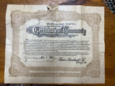 1908 Certificate of Guaranty - Sears Roebuck & Co - Image 1 of 3