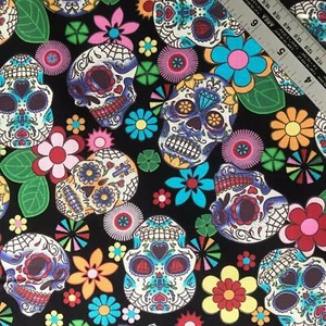 Black Skull & Flower Print - 100% Cotton Fabric, Sewing, Craft, quilting, UK - Picture 1 of 2
