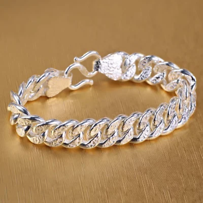 Pure 999 Fine Silver Chain Lucky Carved Pattern Fu Cuban Curb Link Bracelet 31g - Image 1 of 4
