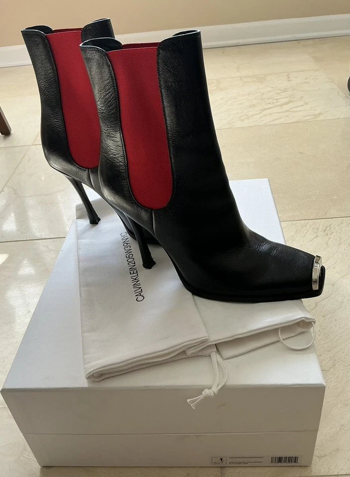 CALVIN KLEIN 205W39NYC Leather Printed Chelsea Ankle Boots Black Red Size 38 - Image 1 of 4