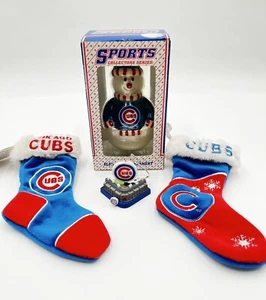 Chicago Cubs Christmas Lot Mini Ornament Snowman Blown Glass & 2 Mini Stockings - Picture 1 of 6