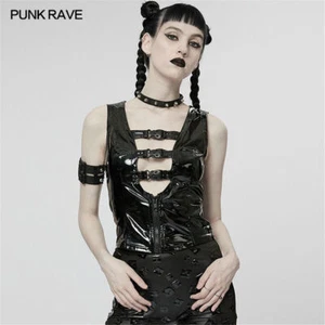 Punk Rave Women Black Gothic Punk Sexy Hollow Out Bright Patent Leather Vest Top - Picture 1 of 17