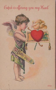 Valentine Cupid Offering Heart Yellow Rose On Pillow Arrows c1920 postcard NP8 - Picture 1 of 2