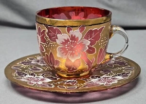 Bohemian Harrach Satin Finish Floral Decorated Cup & Saucer - Picture 1 of 13