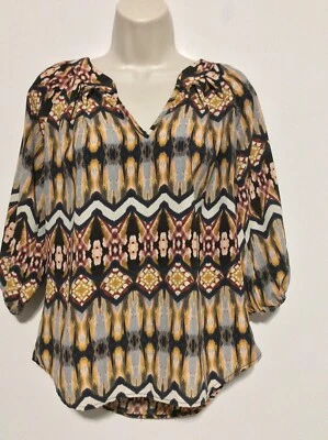 Top Ezra L Gris Amarillo Negro Blanco Floral Azteca 3/4 Sl Cuello en V Foto 1 de 4