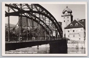 RPPC Mur River Bridge and City Tower in Leoben Austria Postcard - Picture 1 of 2