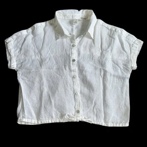 Joie 100%Linen Short Sleeve Button Up Tie Waist Crop Top Blouse Shirt White Sz M - Picture 1 of 7