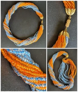 Collana MULTIFILO 10 ARANCIONE 🟠10 CELESTE 🔵perline TORCHON girocollo VINTAGE❗ - Foto 1 di 9