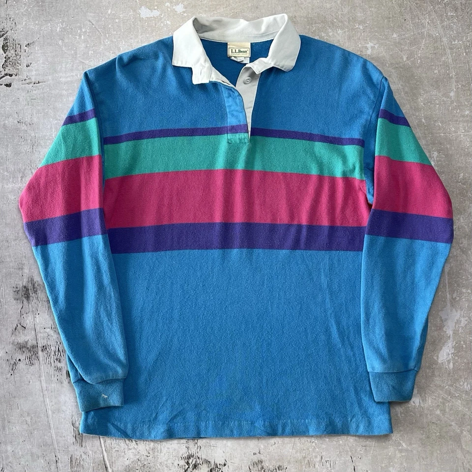 Vintage L.L. Bean регби рубашка-поло синий в полоску длинным рукавом средний сделано в США - Изображение 1 из 4