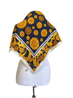 AS8# Lanvin Paris 100% Seda Bufanda Hecha en Italia Azul Dorado Floral Pájaros De Colección Foto 1 de 4