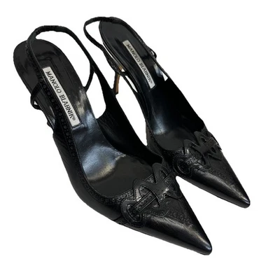 Vintage Manolo Blahnik Slingback Heel 7.5 Black Leather Ornate Pointed Toe 37.5 - Image 1 of 4