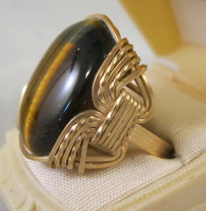 Vintage Big Tiger's Eye Unisex Ring 10K Gold Filled Wire Wrapped Size 11.5 - Picture 1 of 11