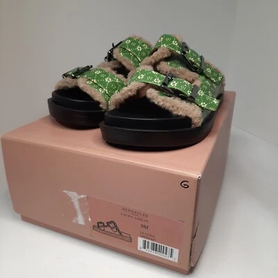 Aerosoles Laura Ashley Faux Shearling Sandals Womens 9 Green Olivia Furry Buckle - Image 1 of 4