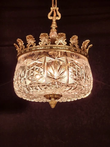 Antique French Petite 3 Lite Brass & HEAVY Cut Lead Crystal Globe Chandelier Cover