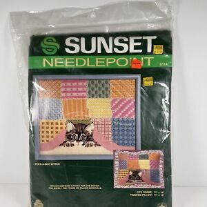 SUNSET Needlepoint Cat Peek-A-Boo Kitten Patchwork 11 X 14 Vintage 6514 NEW
