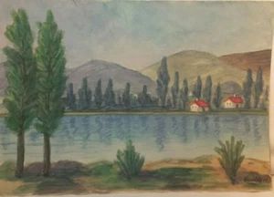 VINTAGE EUROPEAN LANDSCAPE LAKE WATERCOLOR Signed Komlos M. 1974 - Picture 1 of 6