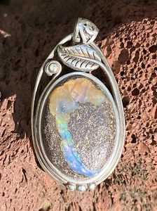 Natural Solid QLD Australian Boulder Opal sterling silver Pendant garden flower - Picture 1 of 11