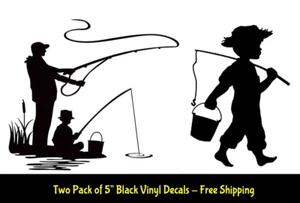 Angeln Vater & Sohn & kleiner Junge Angeln Eimer zwei 5" schwarze Vinyl Aufkleber - Bild 1 von 2