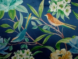 Shangri La Marineblau Blumenmuster Exotische Vogel samt Stoff Vorhang Polster - Bild 1 von 23