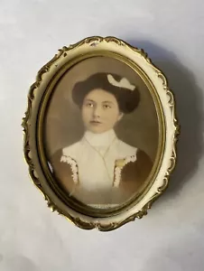 Antique Picture Frame Oval Convex Bubble Glass Hand Color Painted Photo - Picture 1 of 15