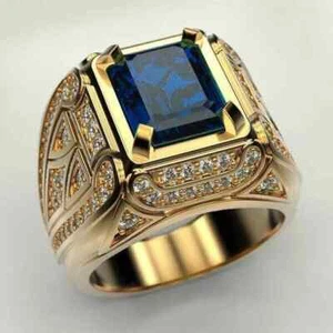 3 Ct Emerald Cut Simulated Sapphire Men Wedding Ring 14K Yellow Gold Over Silver - Picture 1 of 7