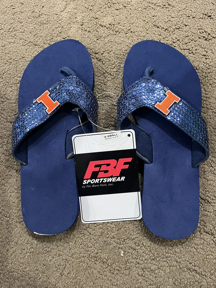 NUEVAS Sandalias Illinois Fighting Illini Chanclas Para Mujer X-Pequeñas 5-6 Lentejuelas Azules Foto 1 de 3
