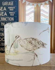 MADE TO ORDER LAMPSHADE SANDERSON ESTUARY BIRDS  MIST/IVORY WHITE DRUM /TAPERED - Picture 1 of 10