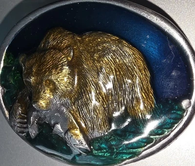 De Colección Oso de Pesca Hebilla Esmalte Peltre Hecho en EE. UU. 2.5" Ovalado Se Adapta a Cinturón de 1.25"  Foto 1 de 4