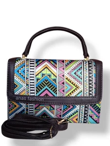 Boho Tribal Geometric Print Handbag – Top Handle Satchel with Strap - Picture 1 of 7
