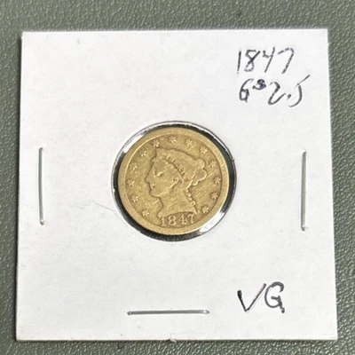 Oro 1847 dos dólares y medio $2,5 sin clasificar en muy buen estado Foto 1 de 4