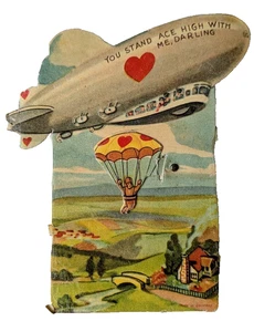 Vintage Mechanical Valentine Card Dirigible Blimp Zeppelin Antique Germany - Picture 1 of 4