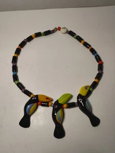 Vintage Toucans Pearls Beaded Ceramic Parrot Choker Necklace Vibrant Colors 20" - Picture 1 of 12