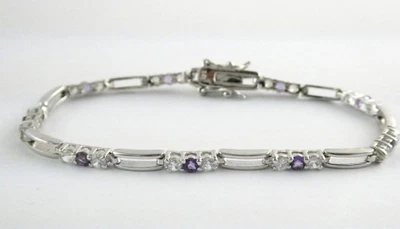 Brazalete de tenis de plata de ley con amatista y circonita cúbica blanca 10,8 g 7,25 pulgadas Foto 1 de 4