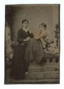 1870s-80s Tintype Portrait 2 Young Women One With Back to Camera, Plaid Dress - Picture 1 of 2