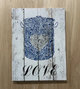 Blue & white kitchen canvas wall art, "Love" decor 11.5" x 15.5" - Picture 1 of 4