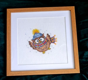 Finished Framed Cross Stitch Picture Lovely Funny Owl Christmas Winter Gift - Picture 1 of 4