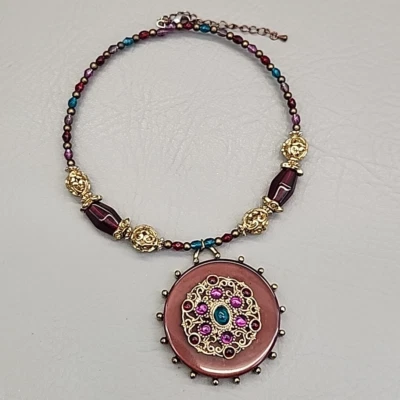 Collar Colgante Redondo Medallón Púrpura Cuentas Alambre Gargantilla 16" Foto 1 de 4