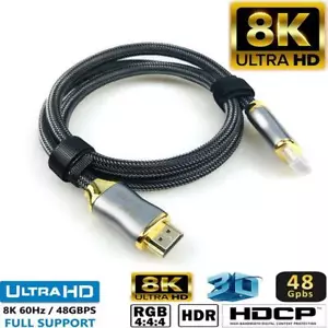 Premium Plaqué Or 8K HDMI 2.1 Tressé Câble 48Gbps 4K @ 120 PS5 Xbox X Skyq 2M - Picture 1 of 12