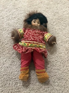 Vintage Arctic-Inspired Porcelain Eskimo Doll Tall Wooden Body Moveable Legs - Picture 1 of 10